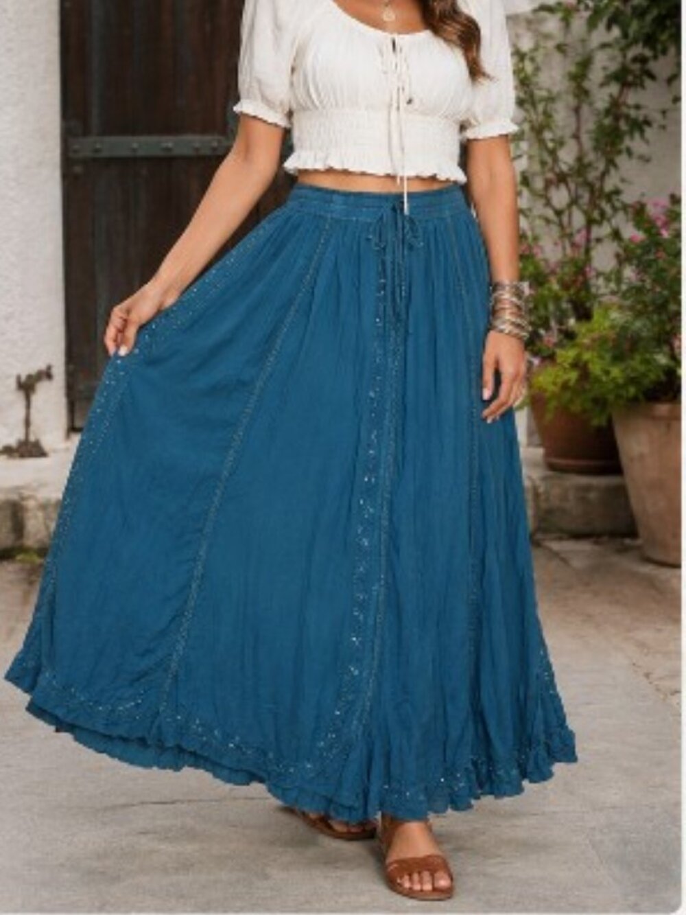 Sahiba Teal Blue Crinkle Maxi Skirt Free Size Boho Embroidered India Viscose - Picture 10 of 11
